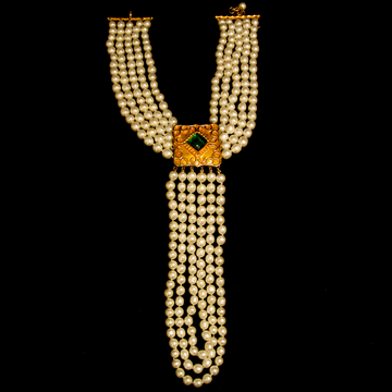 Isabelle Canovas Pearl with gold gilt and pate de verre faux emerald necklace