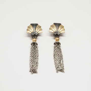 Unsigned Deco Gold Shell and Silver Chain Earrings