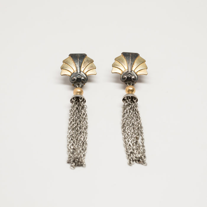 Unsigned Deco Gold Shell and Silver Chain Earrings