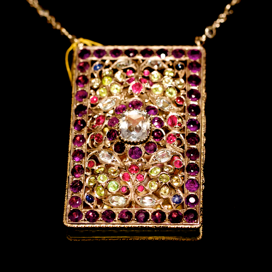 Early 20th Century Semi Precious Jewel Set Box on a Chain Necklace
