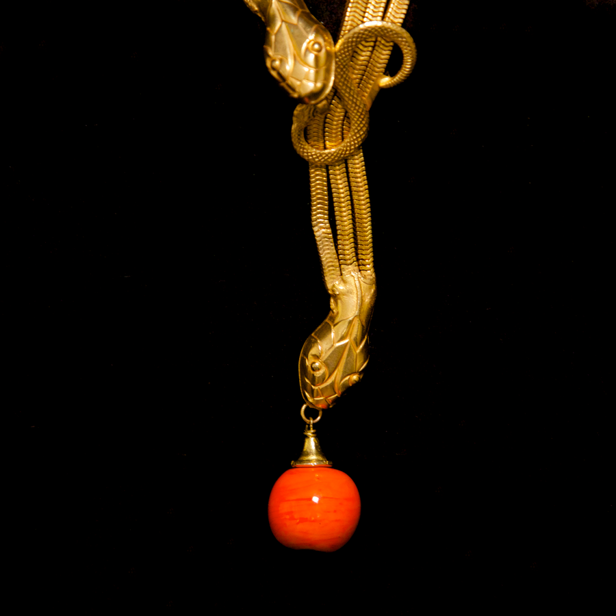 Unsigned 1960's Italian Snake Chain Necklace with Orange Poured Glass Beads