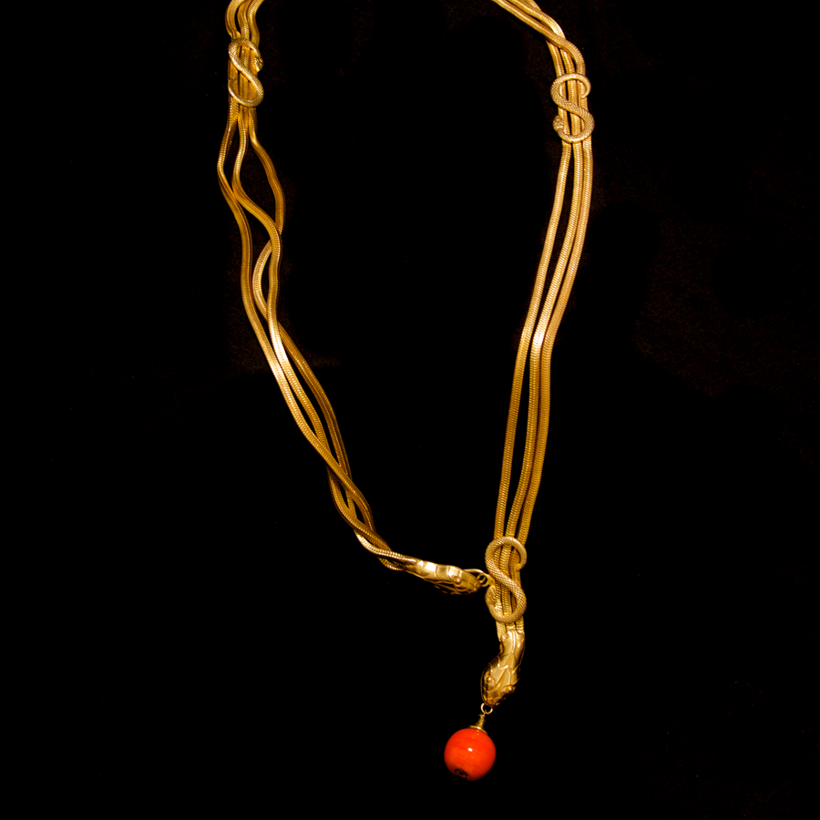 Unsigned 1960's Italian Snake Chain Necklace with Orange Poured Glass Beads