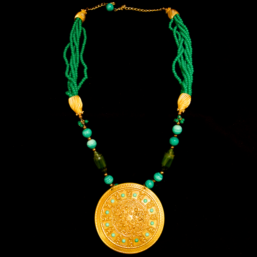 Kenneth Jay Lane 1960's Faux Jade and Gold Gilt Pendant Necklace