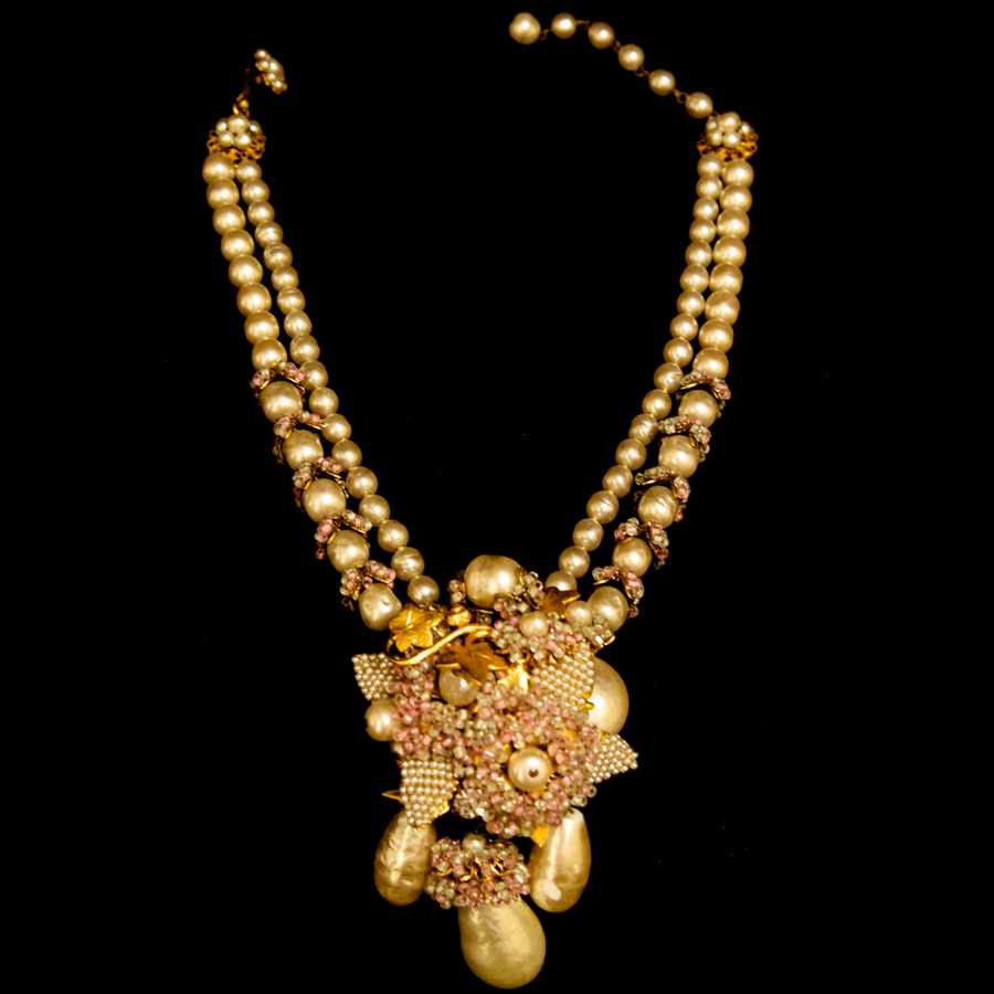 Miriam Haskell Pearl with Leaves and Diamond Necklace