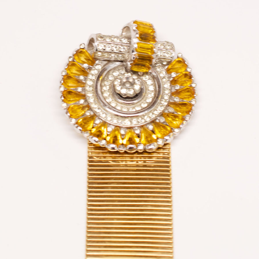 Unsigned Deco Gold Bracelet with Yellow and Crystal Clasp