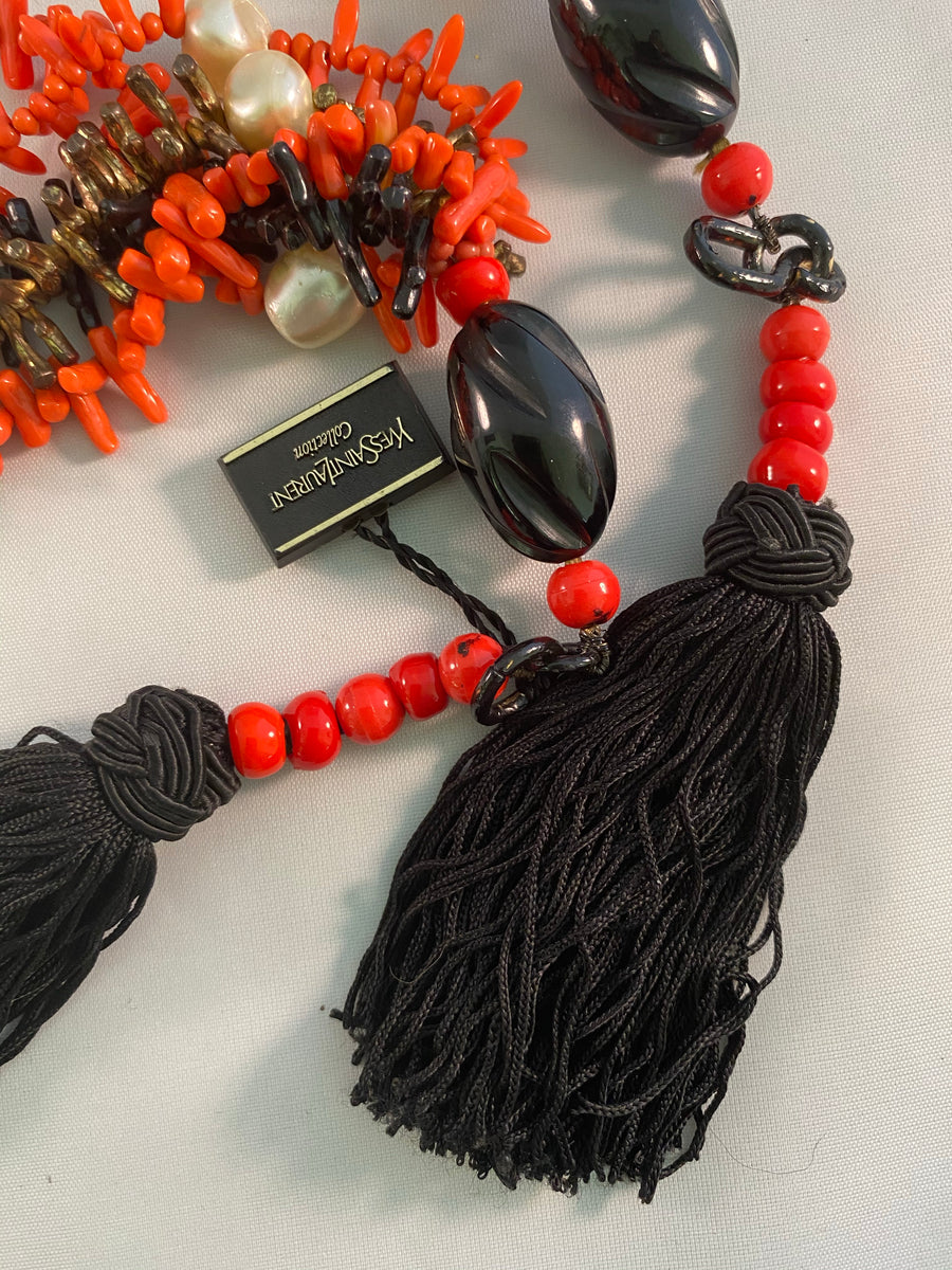 Yves Saint Laurent Paris Faux Coral and Jet Black Tassel Necklace