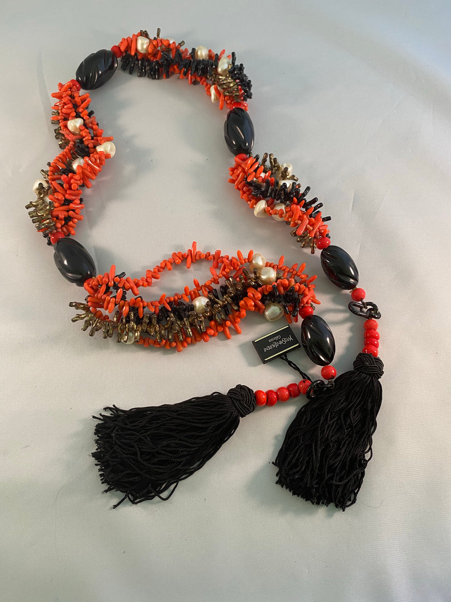 Yves Saint Laurent Paris Faux Coral and Jet Black Tassel Necklace