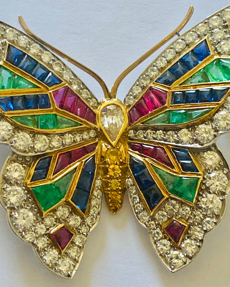 Diamond, Ruby and Sapphire Butterfly Brooch