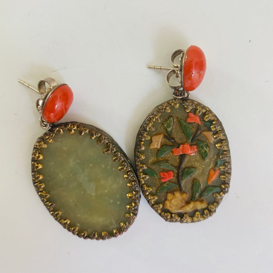 Chinese jade and coral earrings