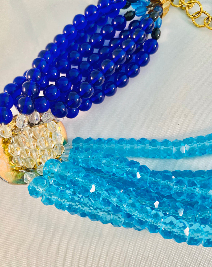 Iradj Moini 1990's Two Tone Blue Choker Beaded Necklace