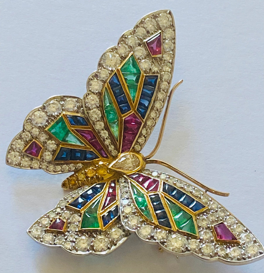 Diamond, Ruby and Sapphire Butterfly Brooch