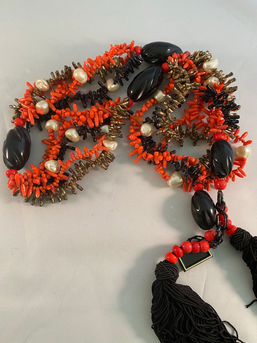 Yves Saint Laurent Paris Faux Coral and Jet Black Tassel Necklace